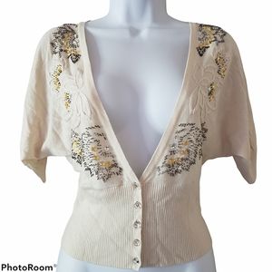 White House Black Market silk beaded short sleeve cream cardigan size medium
